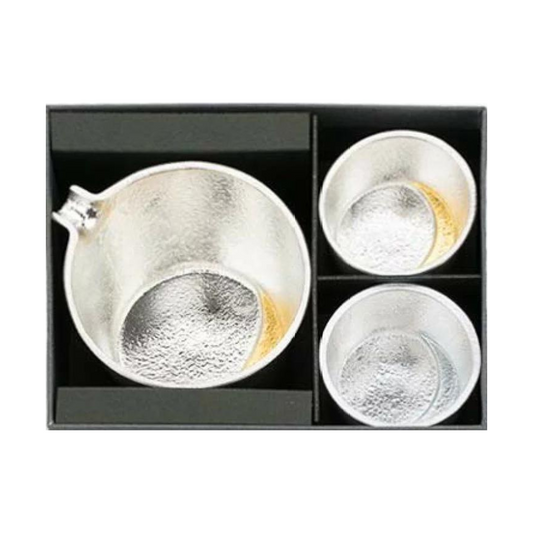 【和紙でラッピング済】 能作 月の酒器セット (片口 - 月 - 金箔 + ぐい呑 - 月 - 錫 ・ 金)